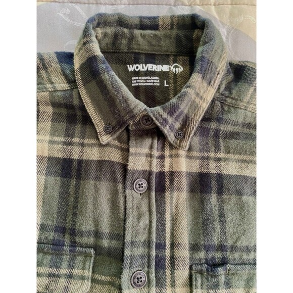 Wolverine Mens Heavy Flannel Shirt Large Long Sleeve Dk Green Plaid Dbl Pocket - Picture 1 of 6